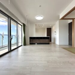 バルコニーいっぱいに面したリビングは明るく開放感がございます居間